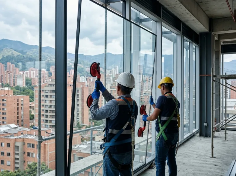 Técnicos instalando un ventanal de vidrio en apartamento