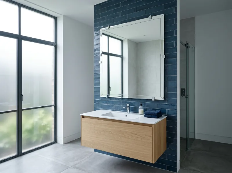 Espejo rectangular sobre mueble de lavamanos en baño