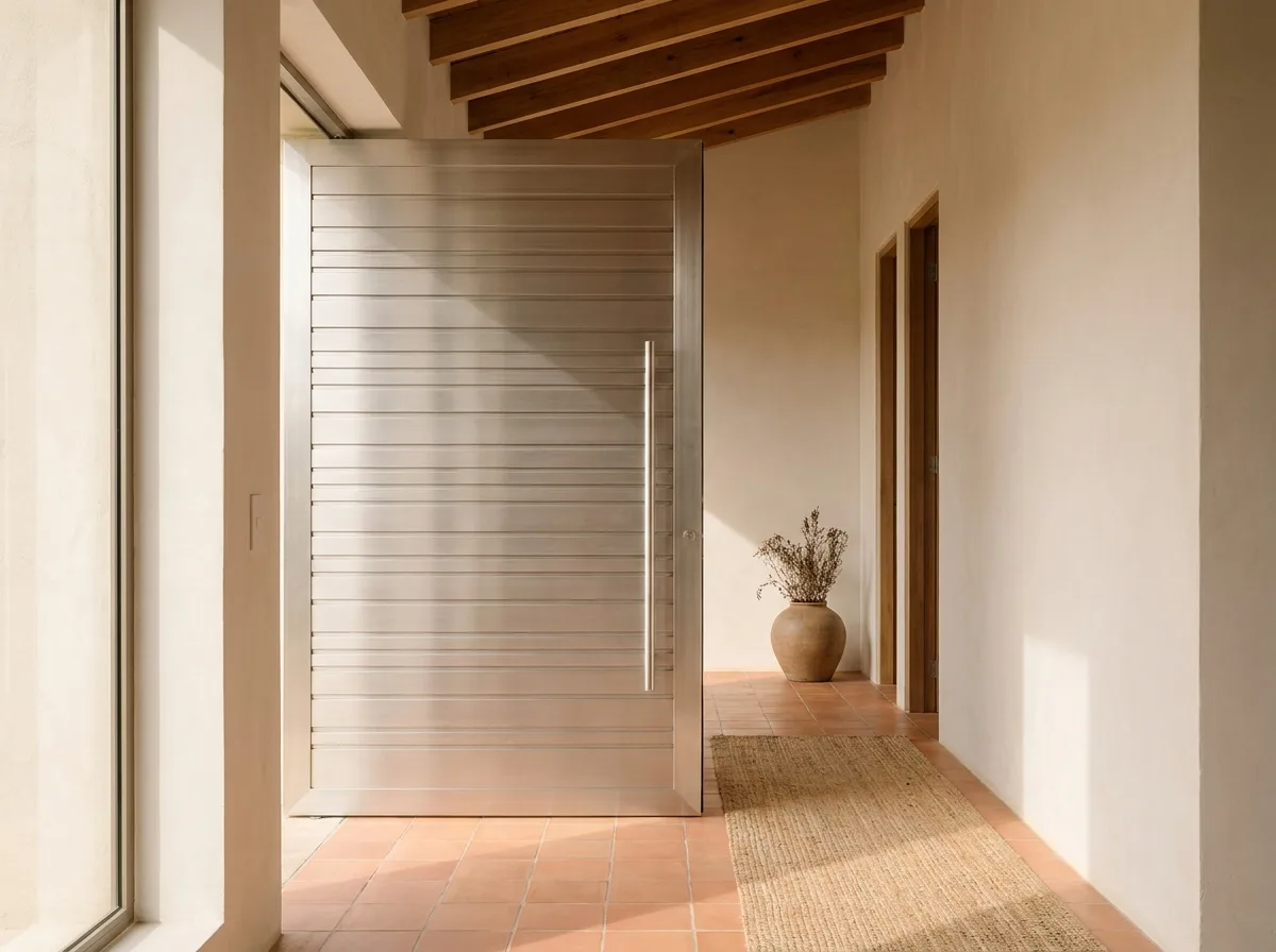 Puerta corrediza de aluminio con lamas horizontales en pasillo