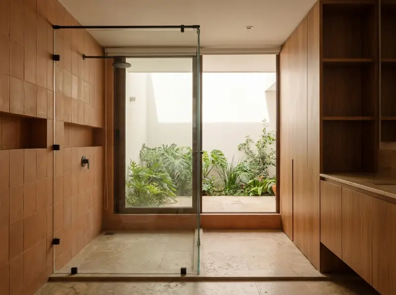 Baño en madera con división de ducha en vidrio templado de piso a techo