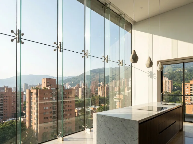 Cocina con fachada de vidrio fijada con arañas y vista a la ciudad