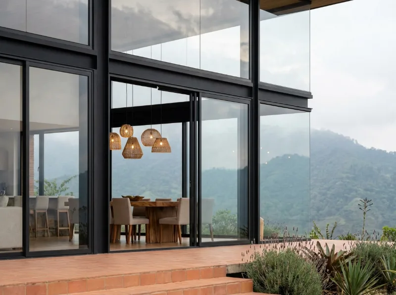 Comedor con cerramiento en vidrio y aluminio frente a la montaña
