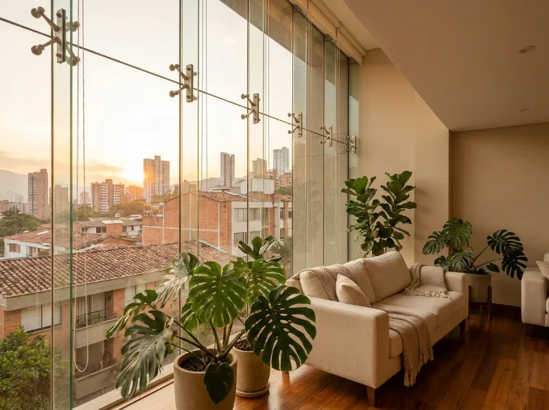 Sala de apartamento con fachada de vidrio templado y arañas