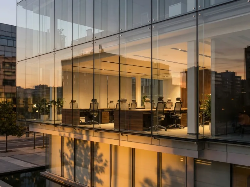 Oficinas con fachada de vidrio iluminada al atardecer