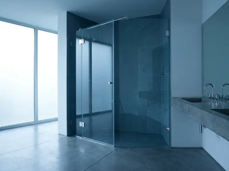 Paneles fijos de vidrio templado en baño de tonos azules