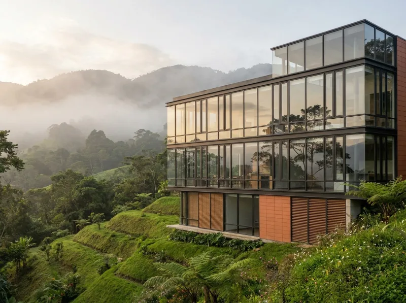 Casa de dos pisos con fachada de vidrio entre montañas