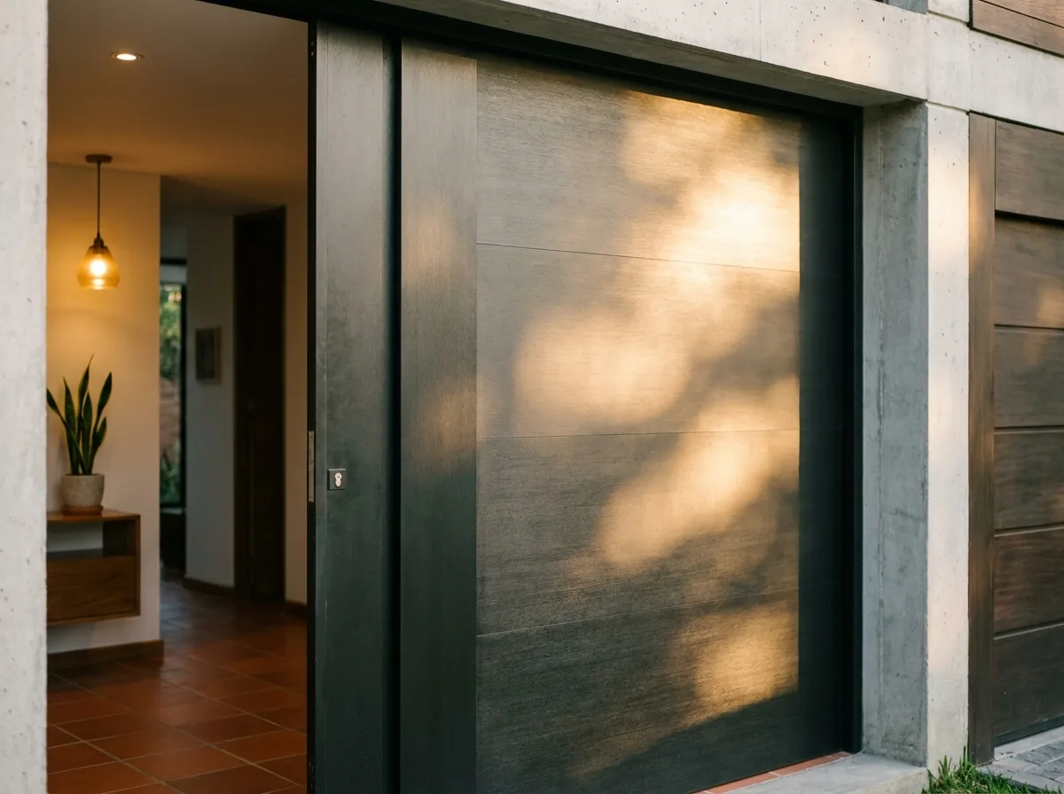 Puerta pivotante oscura en acceso de vivienda
