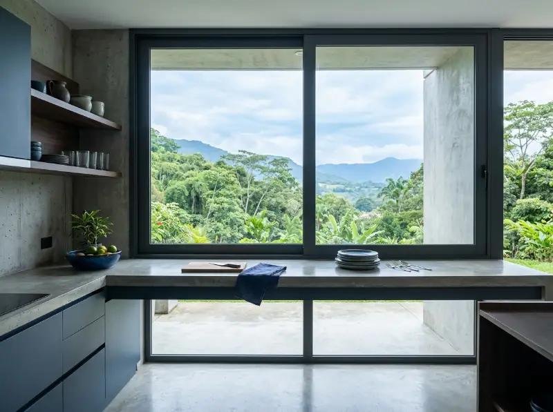 Ventanal fijo en aluminio con vista a la montaña desde la cocina