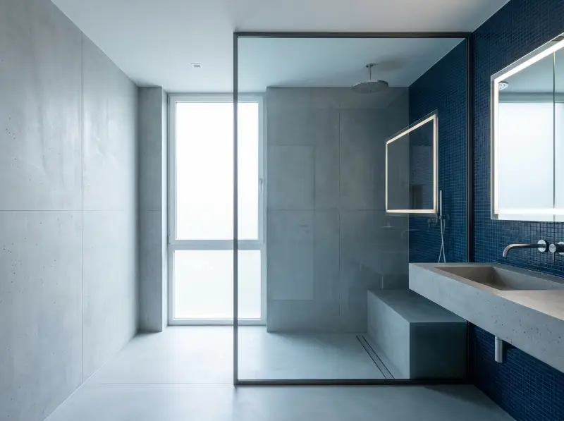 Baño moderno con cabina de ducha en vidrio templado y espejo