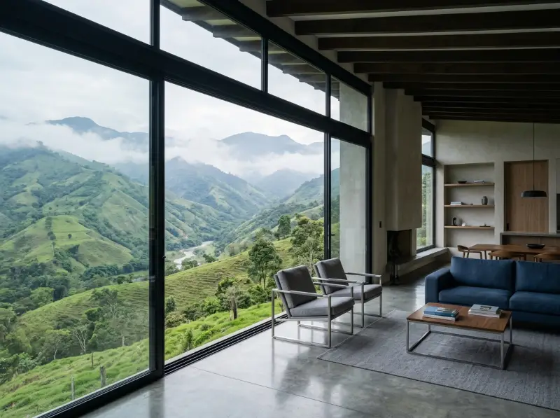 Sala con ventanales de aluminio de piso a techo frente a las montañas