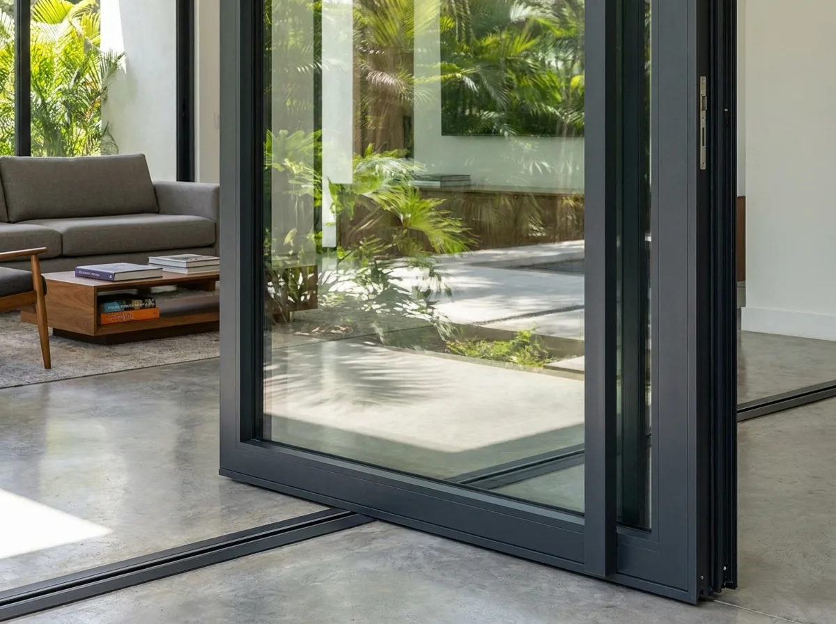 Puerta de vidrio templado con marco negro hacia patio interior