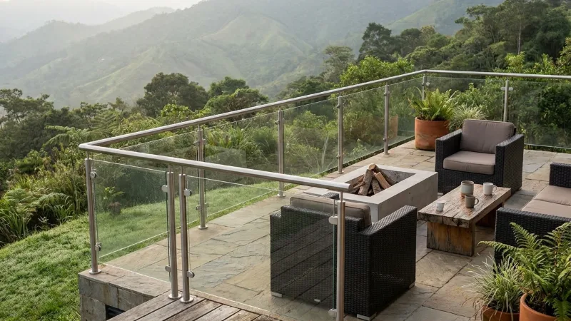 Baranda de terraza en acero inoxidable y vidrio con vista a la montaña