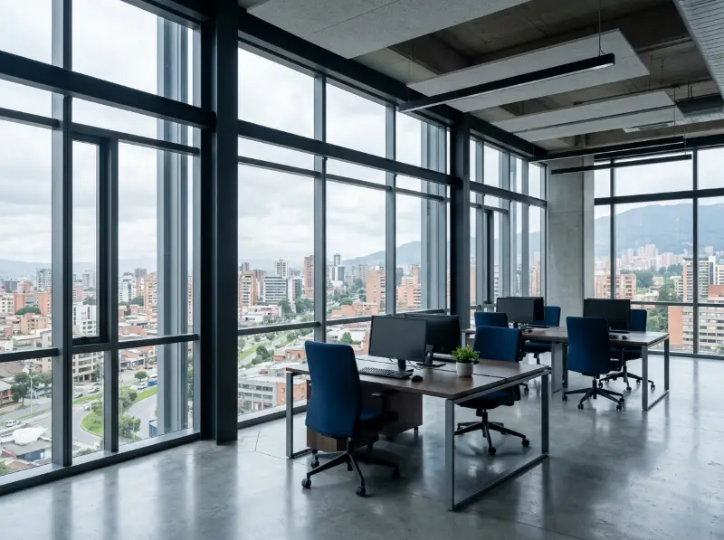 Oficina con ventanales de aluminio y módulo fijo superior