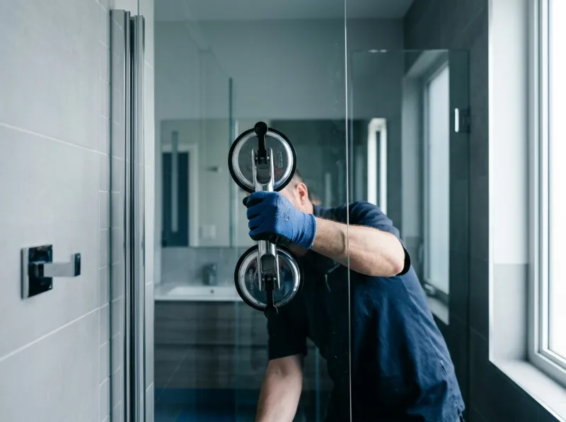 Técnico instalando un panel de vidrio en baño con ventosa