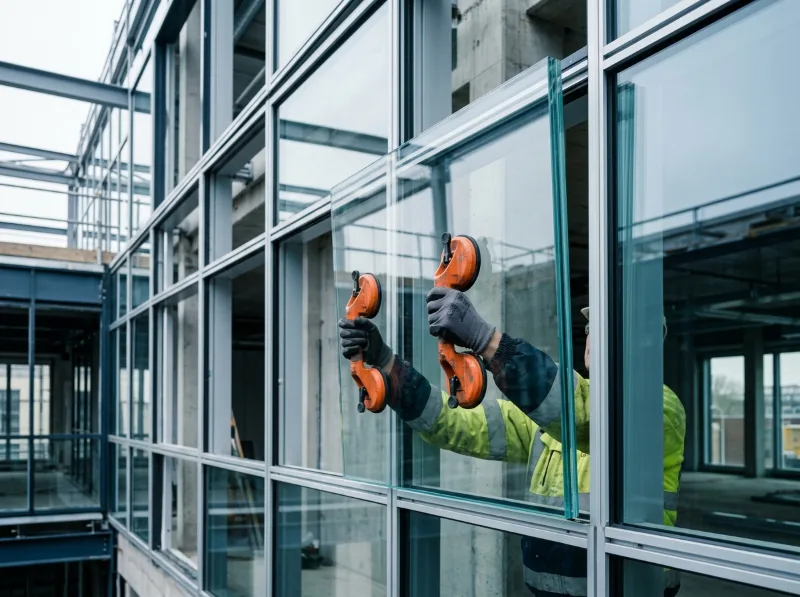Técnicos instalando vidrio templado en fachada de edificio